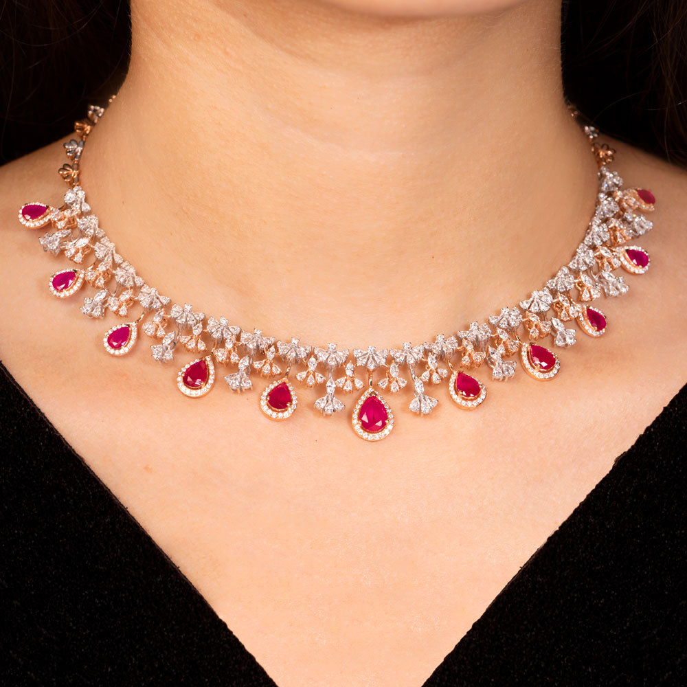 18K Two Tone Gold Diamond Necklace - 8.433ct VVS-EF with Colour Stones