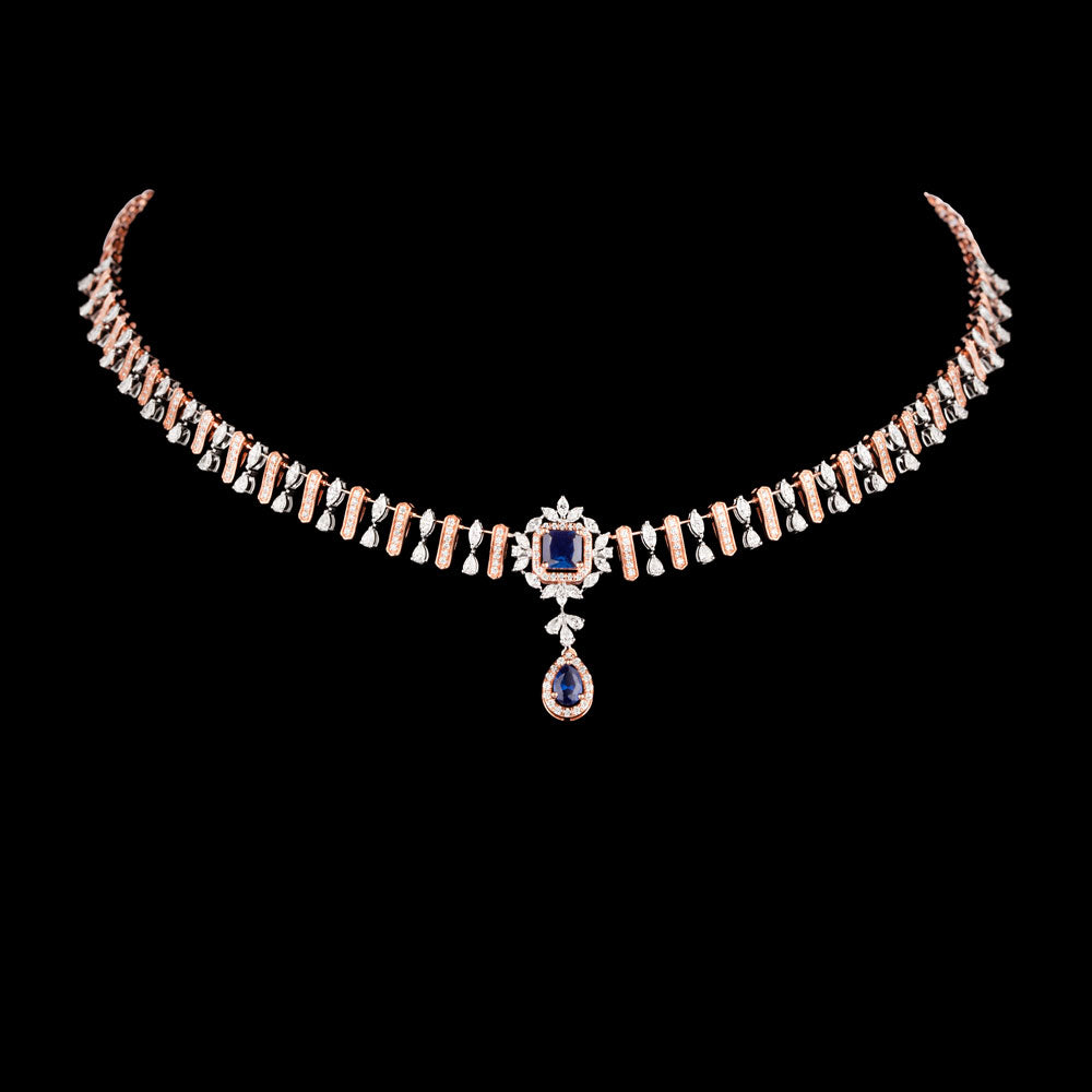 18K Two Tone Gold Diamond Necklace - 3.593ct VVS-FG with Colour Stones