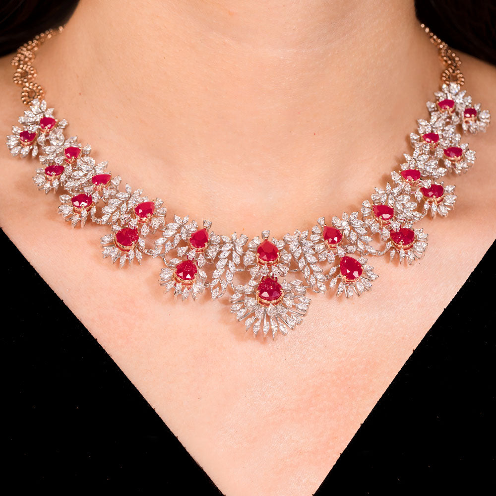 18K Two Tone Gold Diamond Necklace - 9.1ct VVS-EF with Colour Stones