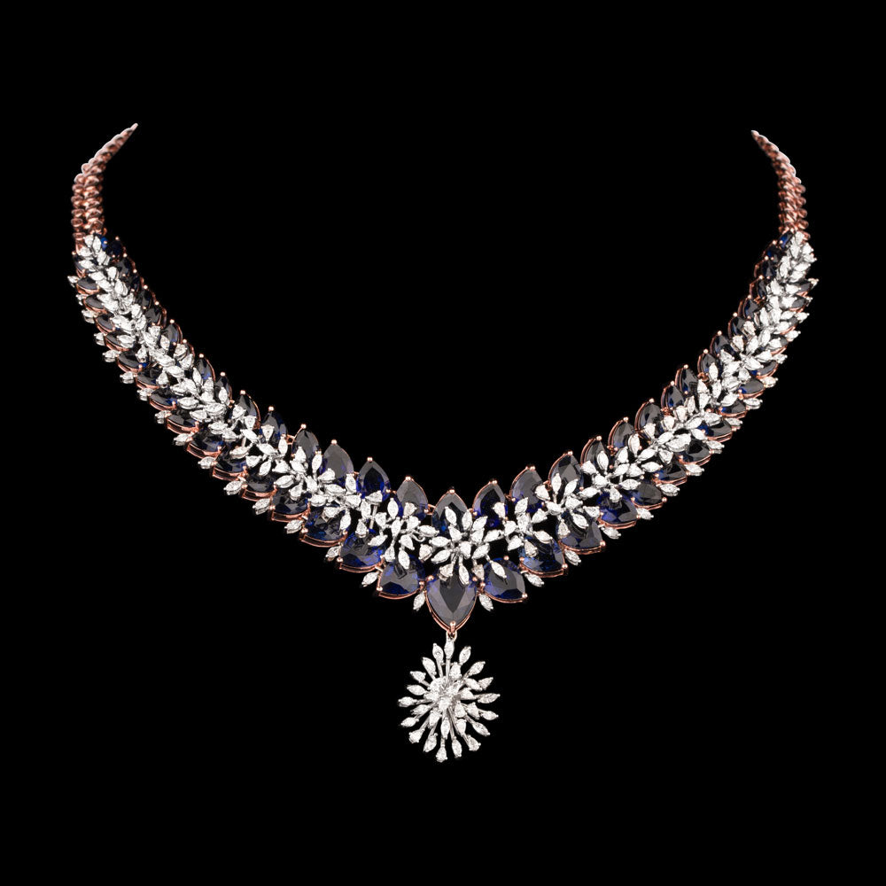 18K Two Tone Gold Diamond Necklace - 6.54ct VVS-EF with Colour Stones