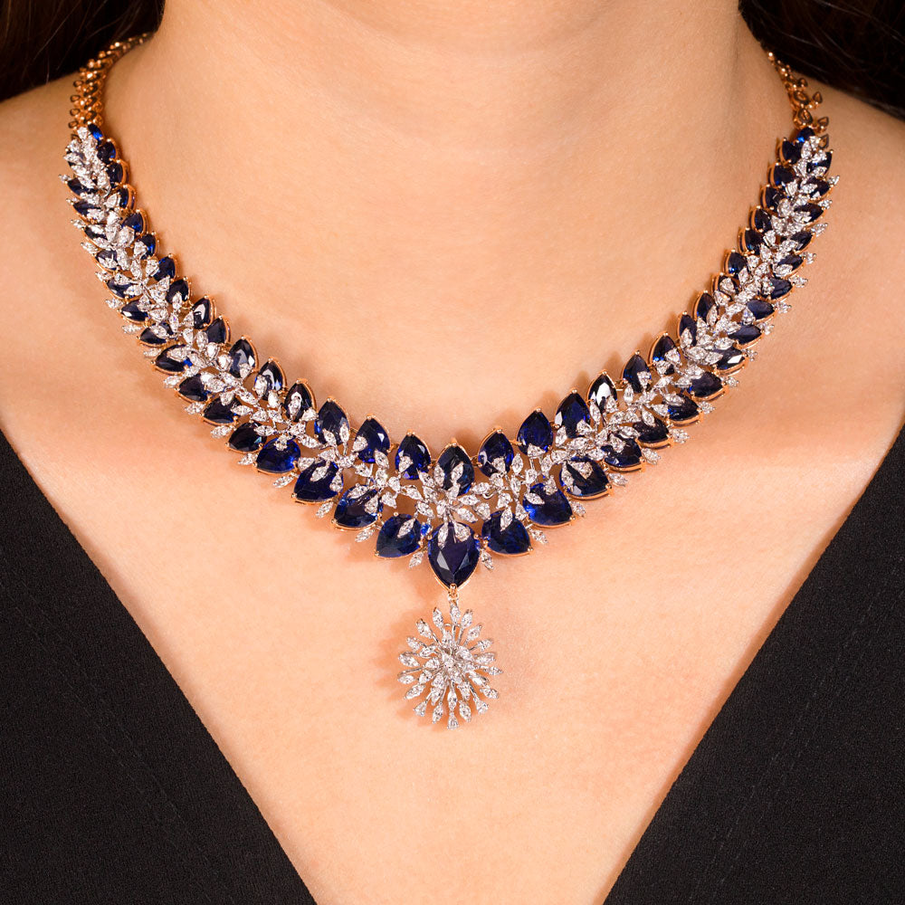18K Two Tone Gold Diamond Necklace - 6.54ct VVS-EF with Colour Stones