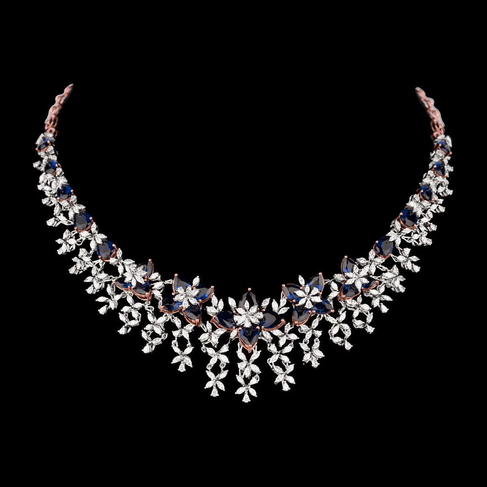 18K Two Tone Gold Diamond Necklace - 7.37ct VVS-EF with Colour Stones