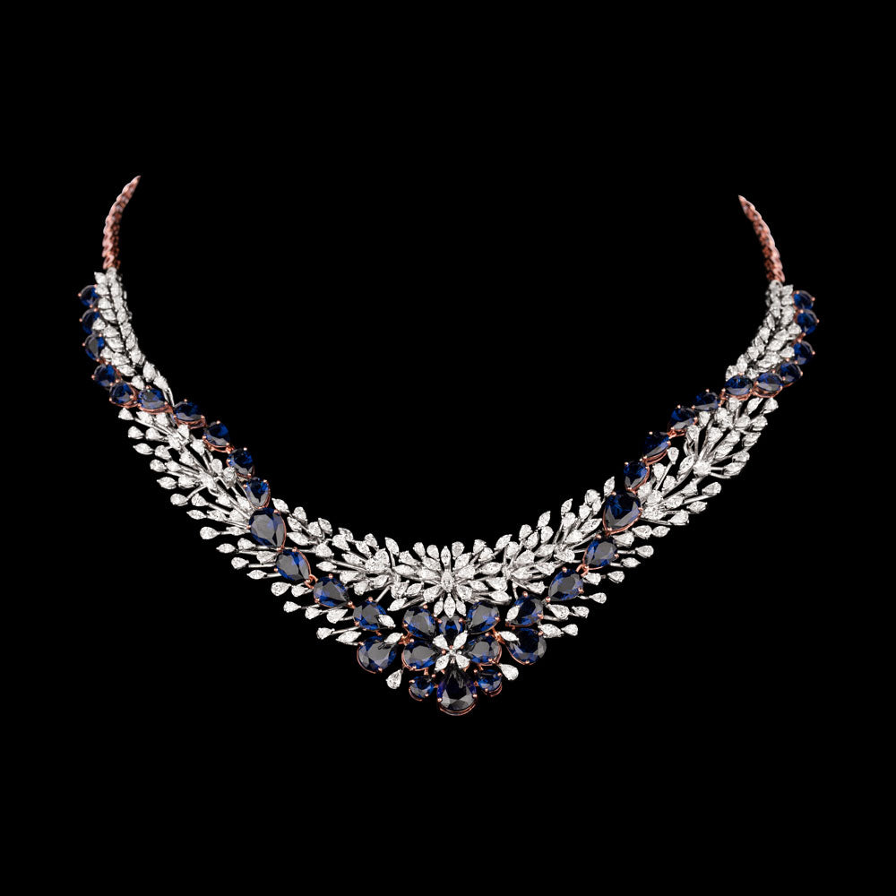 18K Two Tone Gold Diamond Necklace - 7.42ct VVS-EF with Colour Stones