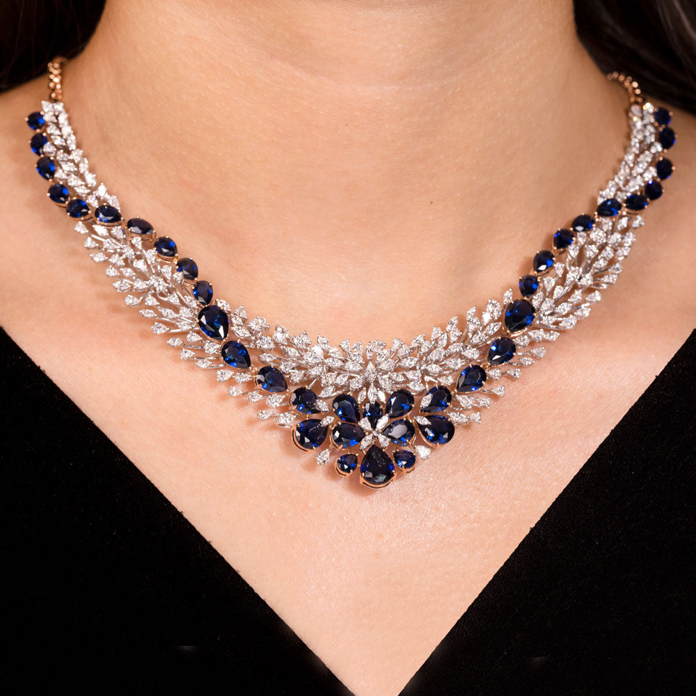 18K Two Tone Gold Diamond Necklace - 7.42ct VVS-EF with Colour Stones
