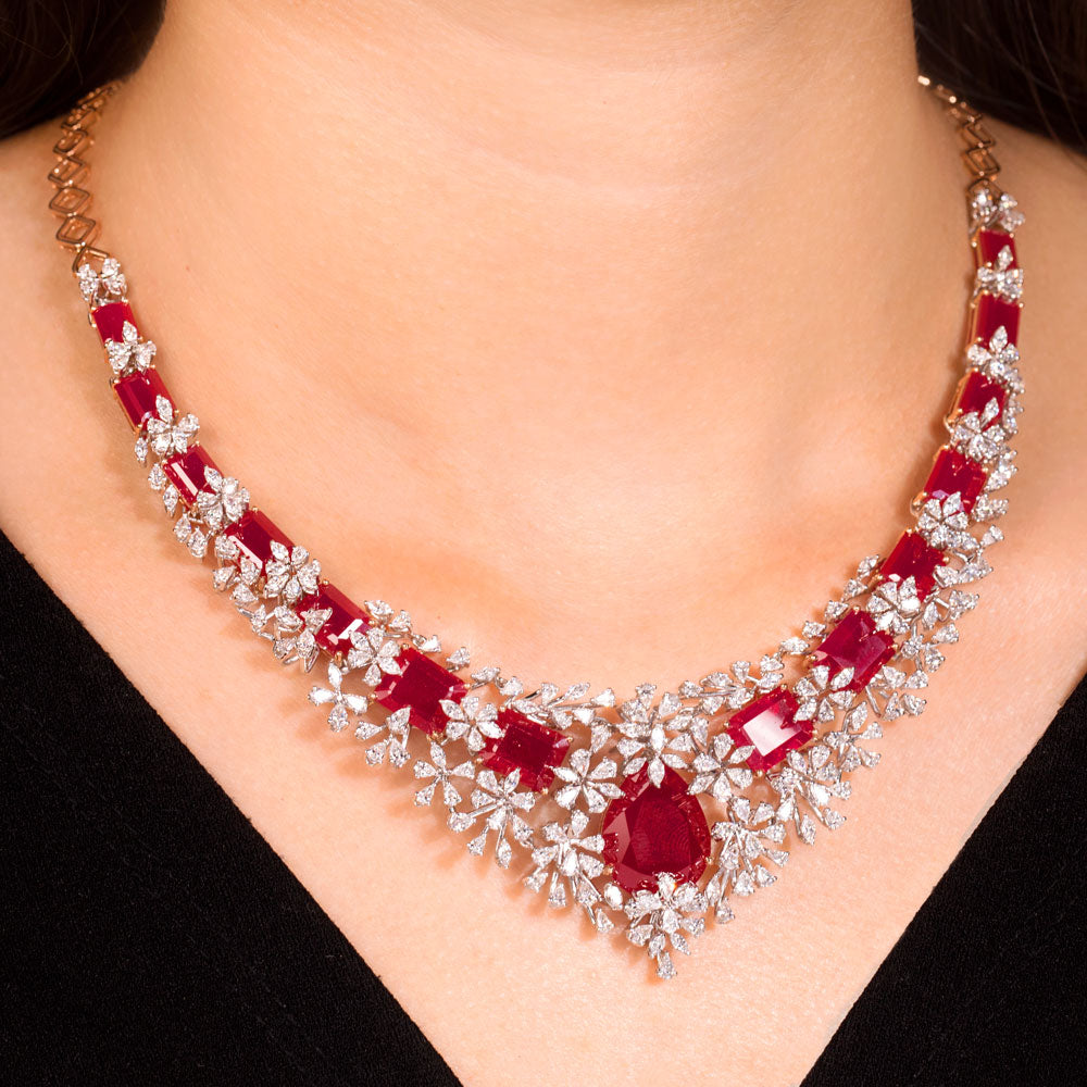 18K Two Tone Gold Diamond Necklace - 9.37ct VVS-EF with Colour Stones