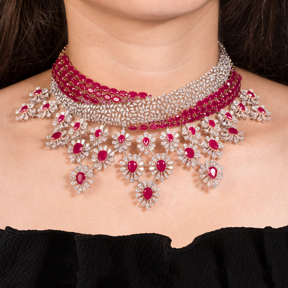 18K Two Tone Gold Diamond Necklace - 27.23ct VVS-EF with Colour Stones