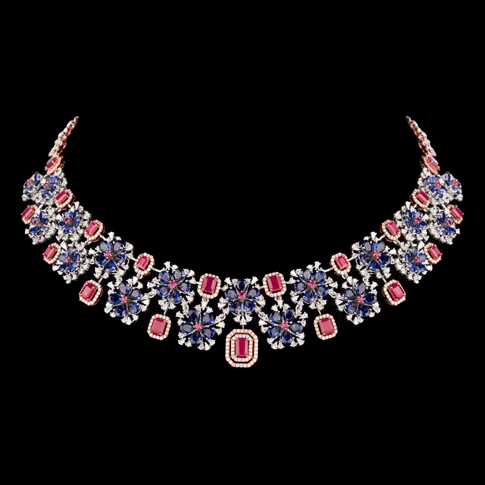 18K Two Tone Gold Diamond Necklace - 7.78ct VVS-EF with Colour Stones