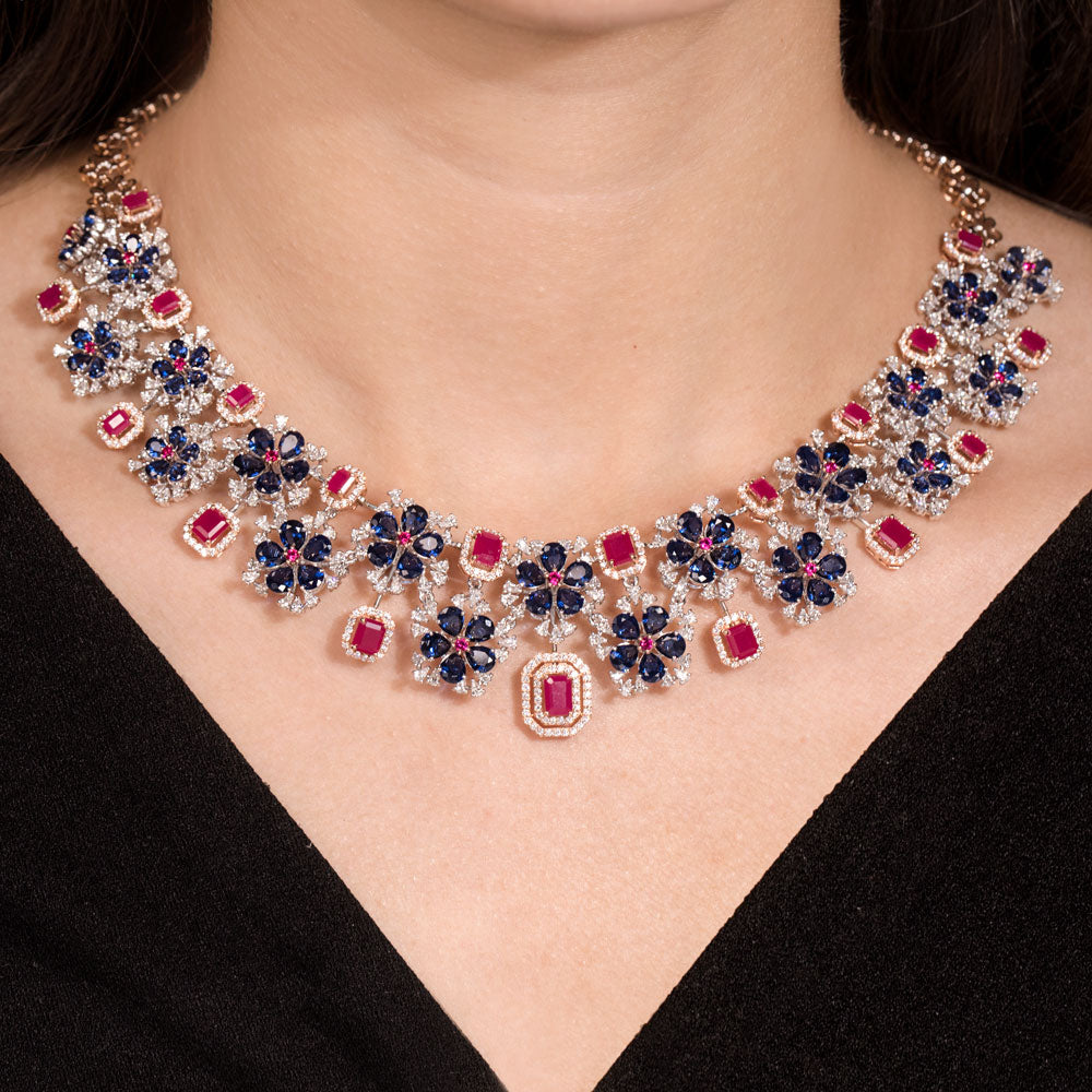 18K Two Tone Gold Diamond Necklace - 7.78ct VVS-EF with Colour Stones