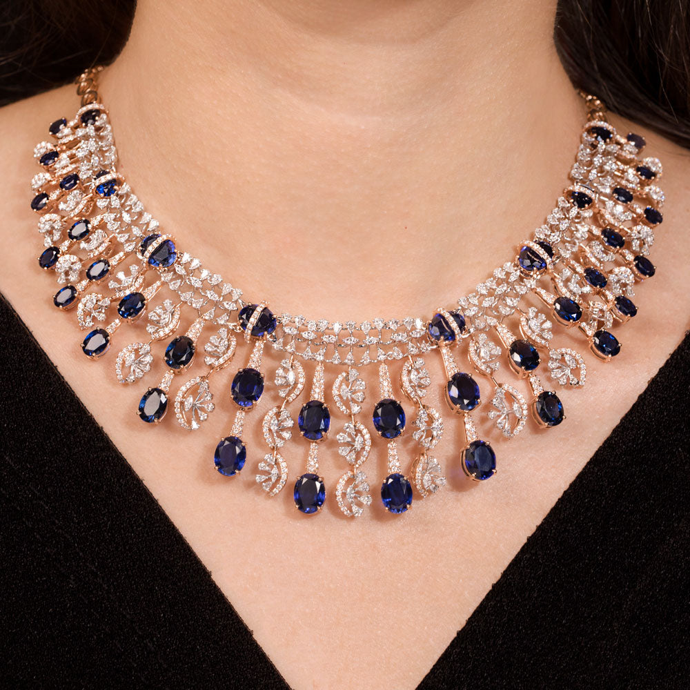 18K Two Tone Gold Diamond Necklace - 11.76ct VVS-EF with Colour Stones
