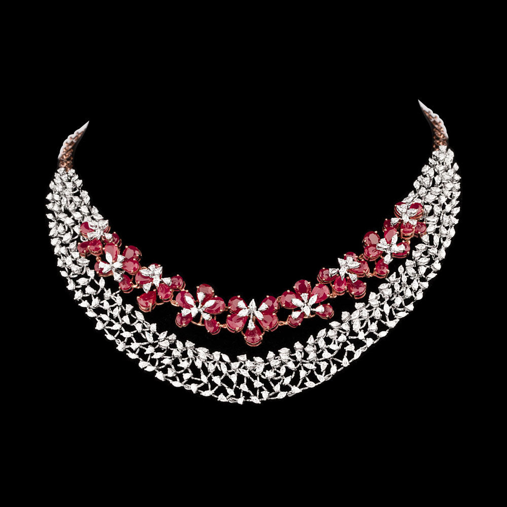 18K Two Tone Gold Diamond Necklace - 9.8ct VVS-EF with Colour Stones