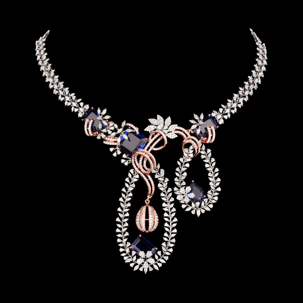 18K Two Tone Gold Diamond Necklace - 10.92ct VVS-EF with Colour Stones