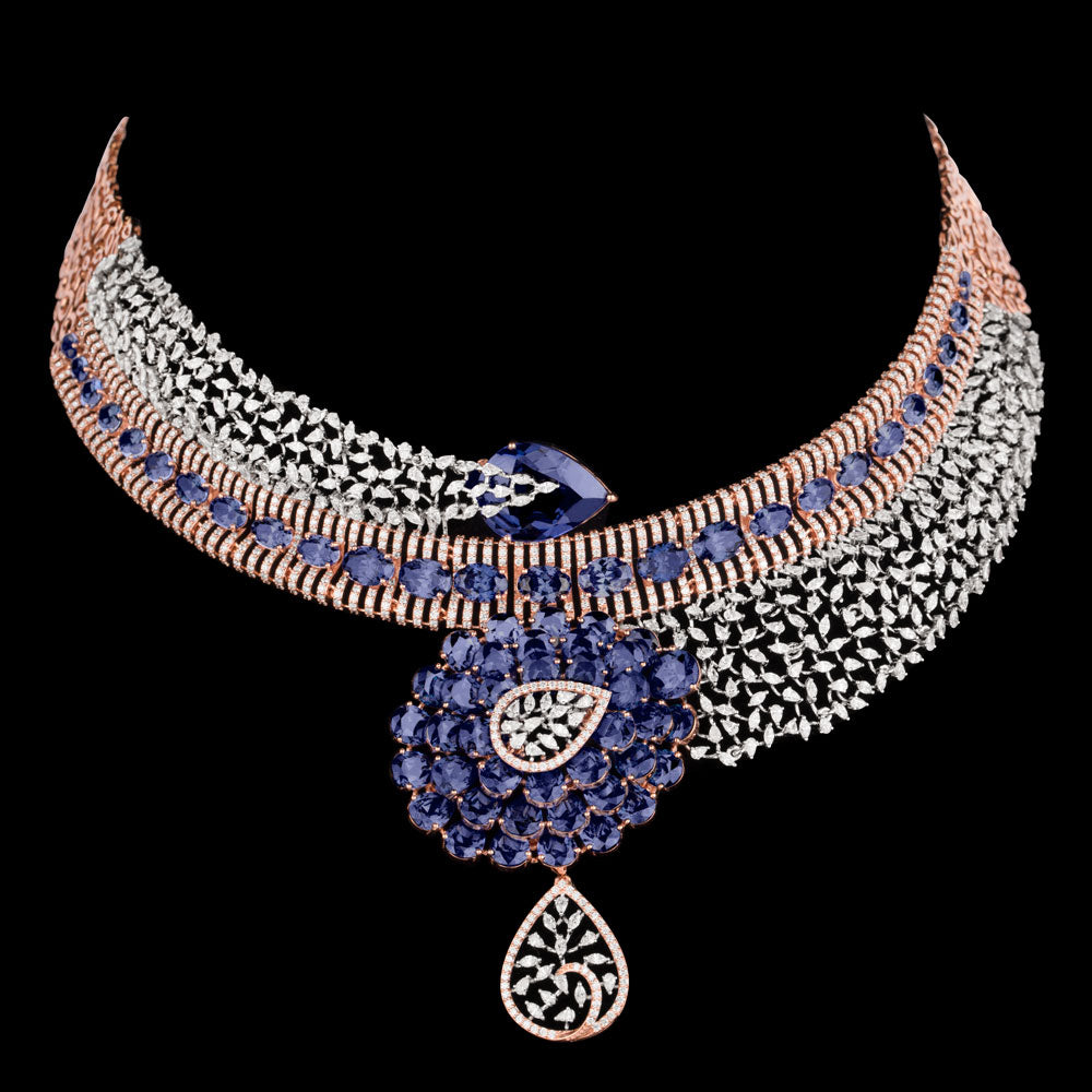 18K Two Tone Gold Diamond Necklace - 10.8ct VVS-EF with Colour Stones