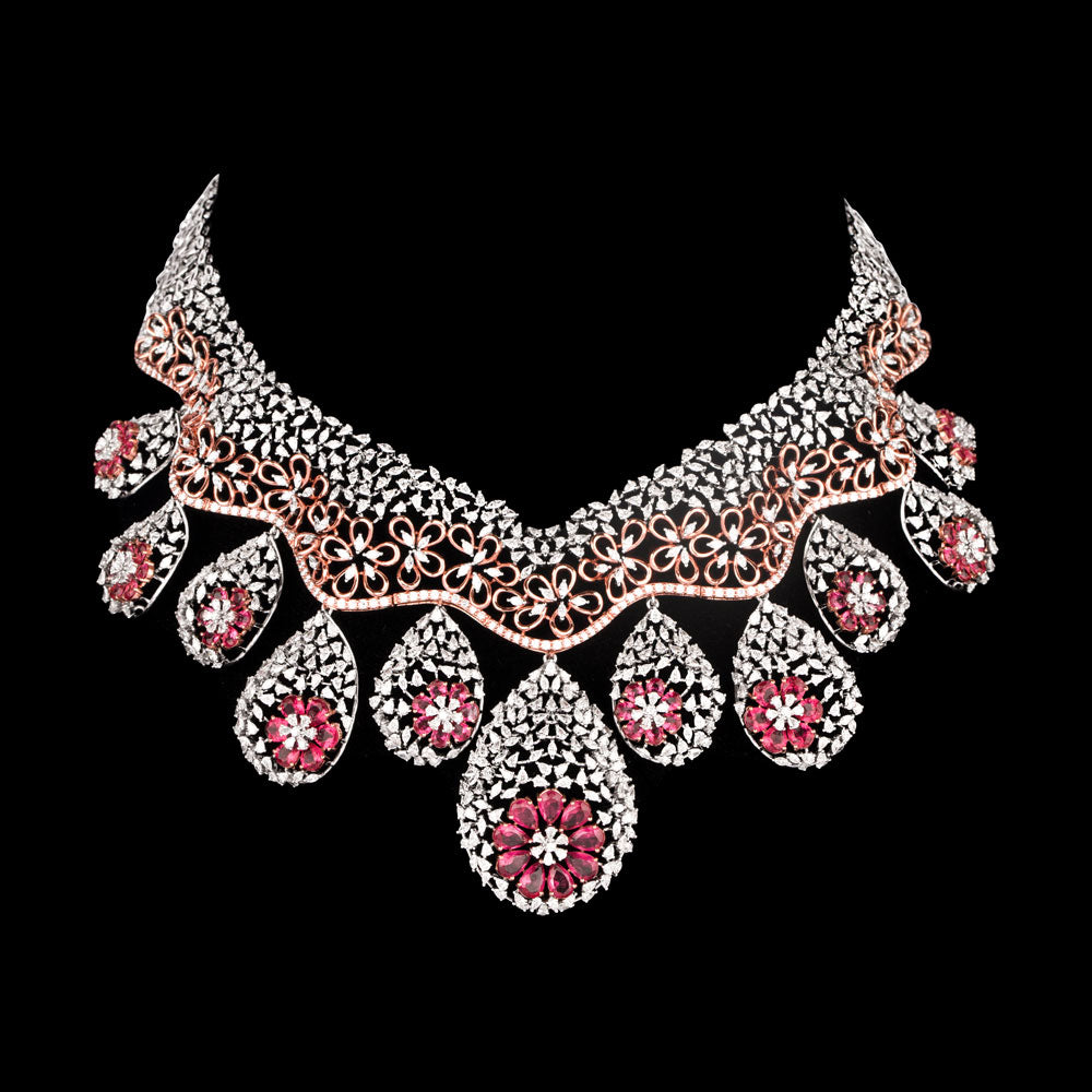 18K Two Tone Gold Diamond Necklace - 21.14ct VVS-EF with Colour Stones
