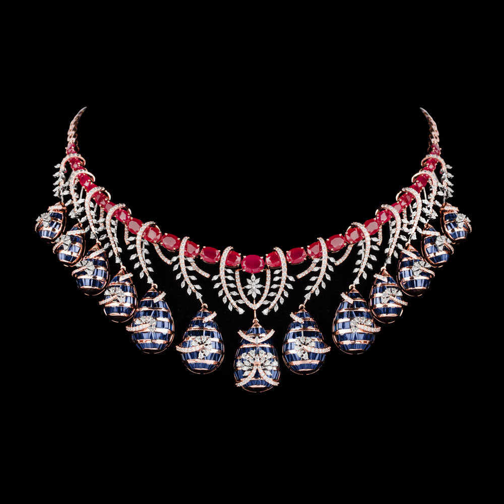 18K Two Tone Gold Diamond Necklace - 7.75ct VVS-EF with Colour Stones