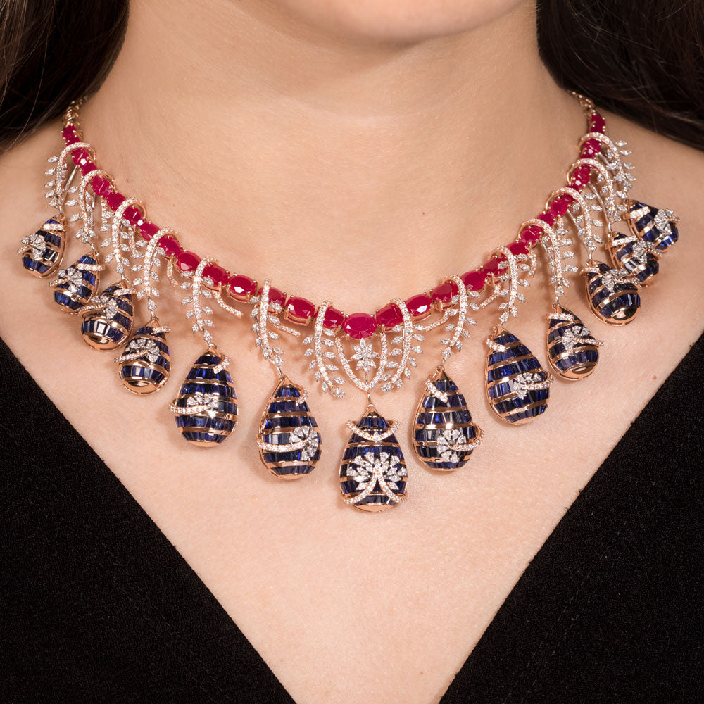 18K Two Tone Gold Diamond Necklace - 7.75ct VVS-EF with Colour Stones