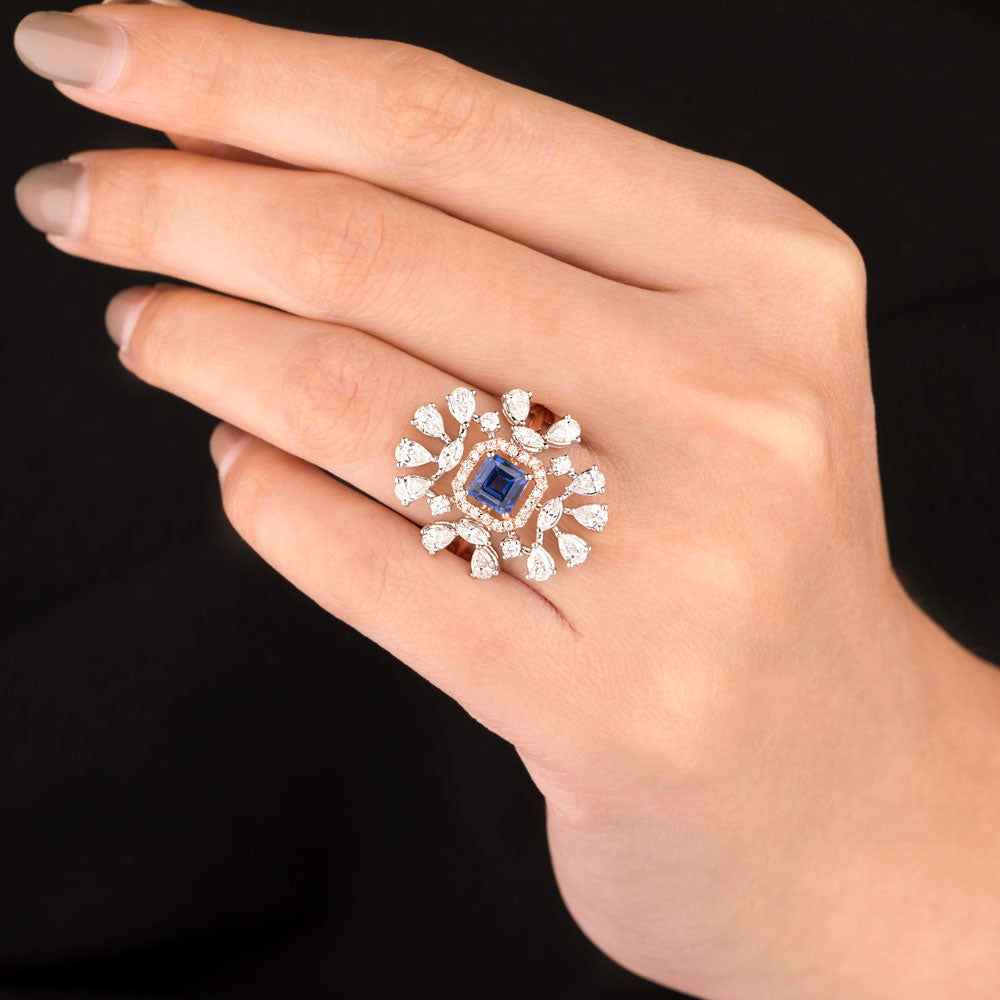 18K Two Tone Gold Diamond Ring - 1.38ct VVS-EF with Colour Stones