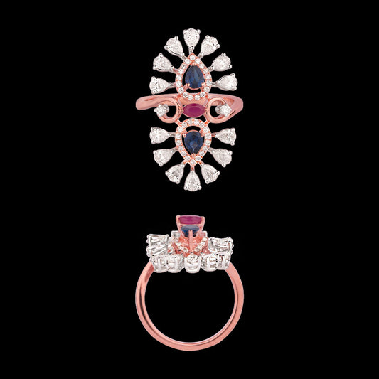 18K Two Tone Gold Diamond Ring - 1.38ct VVS-EF with Colour Stones