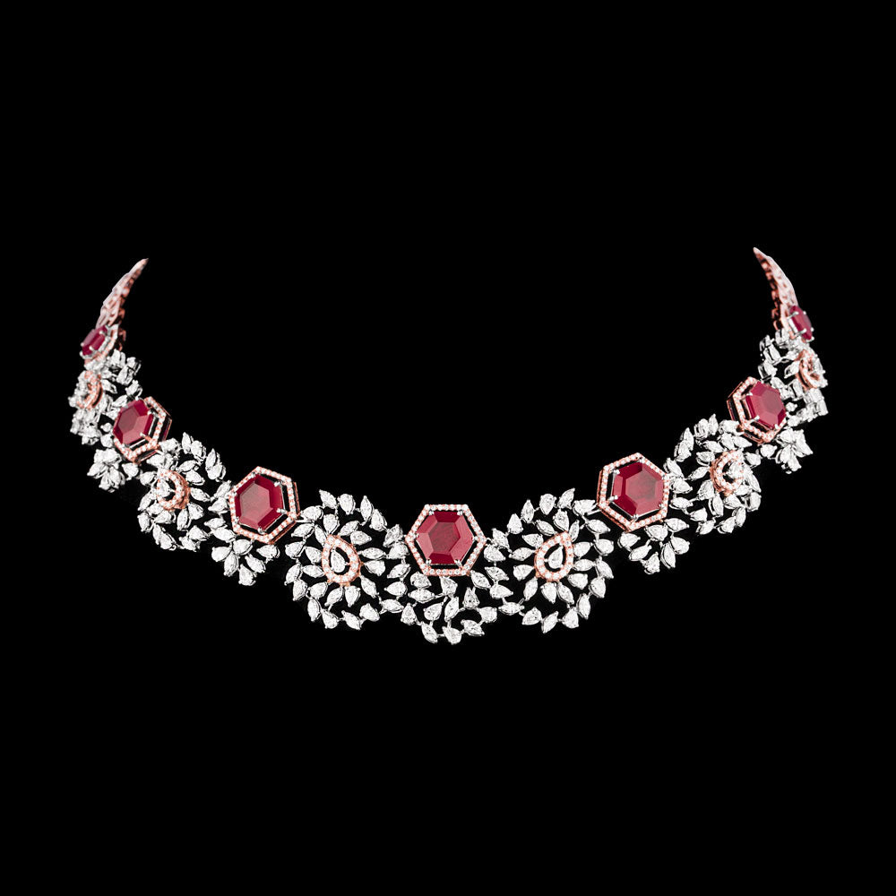 18K Two Tone Gold Diamond Necklace - 11.75ct VVS-VS-EF with Colour Stones