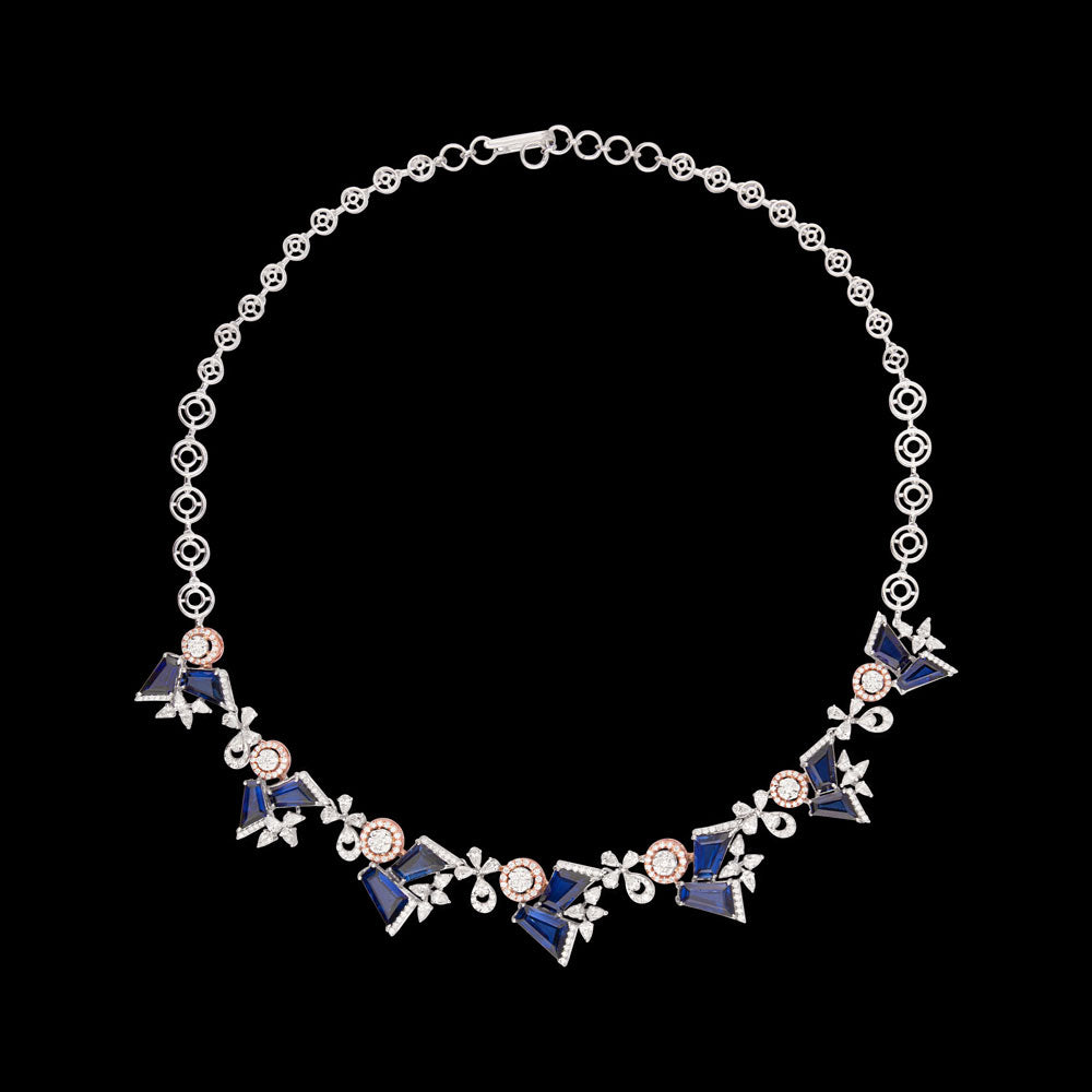 18K Two Tone Gold Diamond Necklace - 5.27ct VVS-VS-EF with Colour Stones