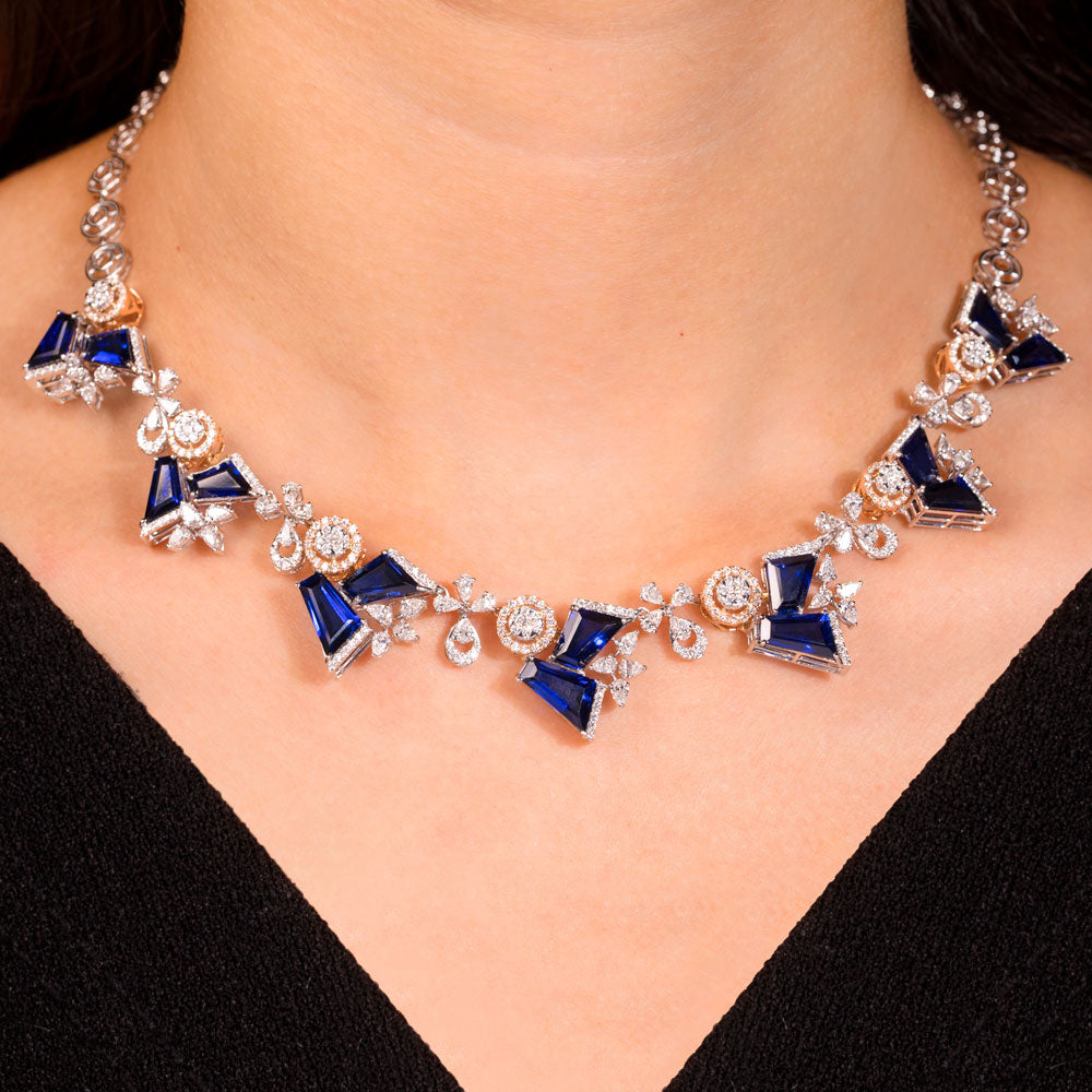 18K Two Tone Gold Diamond Necklace - 5.27ct VVS-VS-EF with Colour Stones