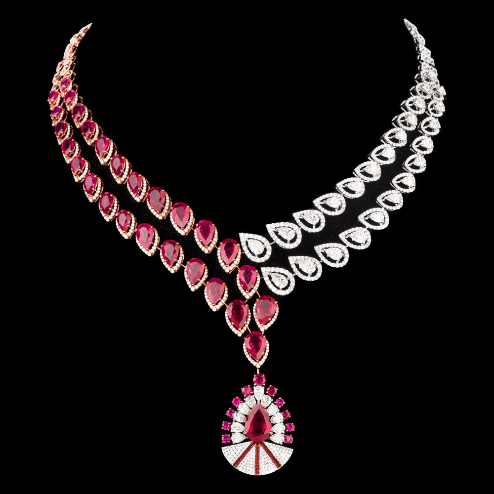 18K Two Tone Gold Diamond Necklace - 16.38ct VVS-VS-GH with Colour Stones
