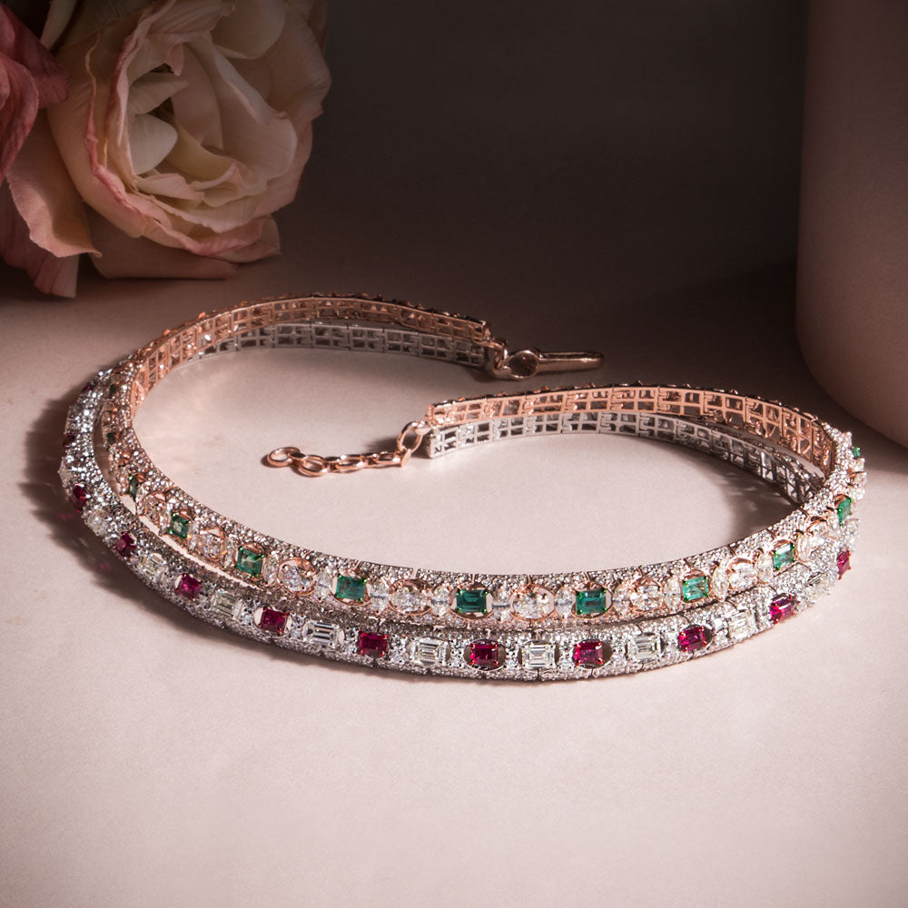 18K Two Tone Gold Diamond Necklace - 21.477ct VS-SI-HI with Colour Stones