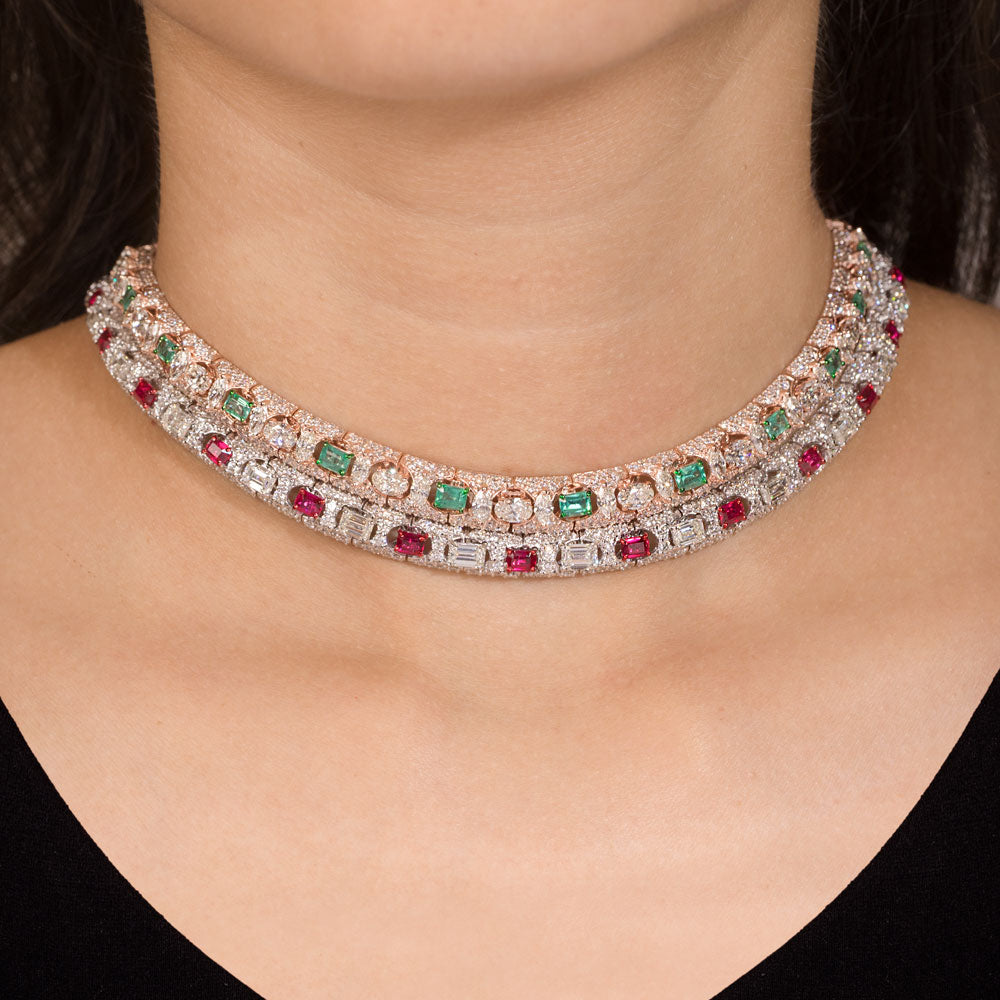 18K Two Tone Gold Diamond Necklace - 21.477ct VS-SI-HI with Colour Stones