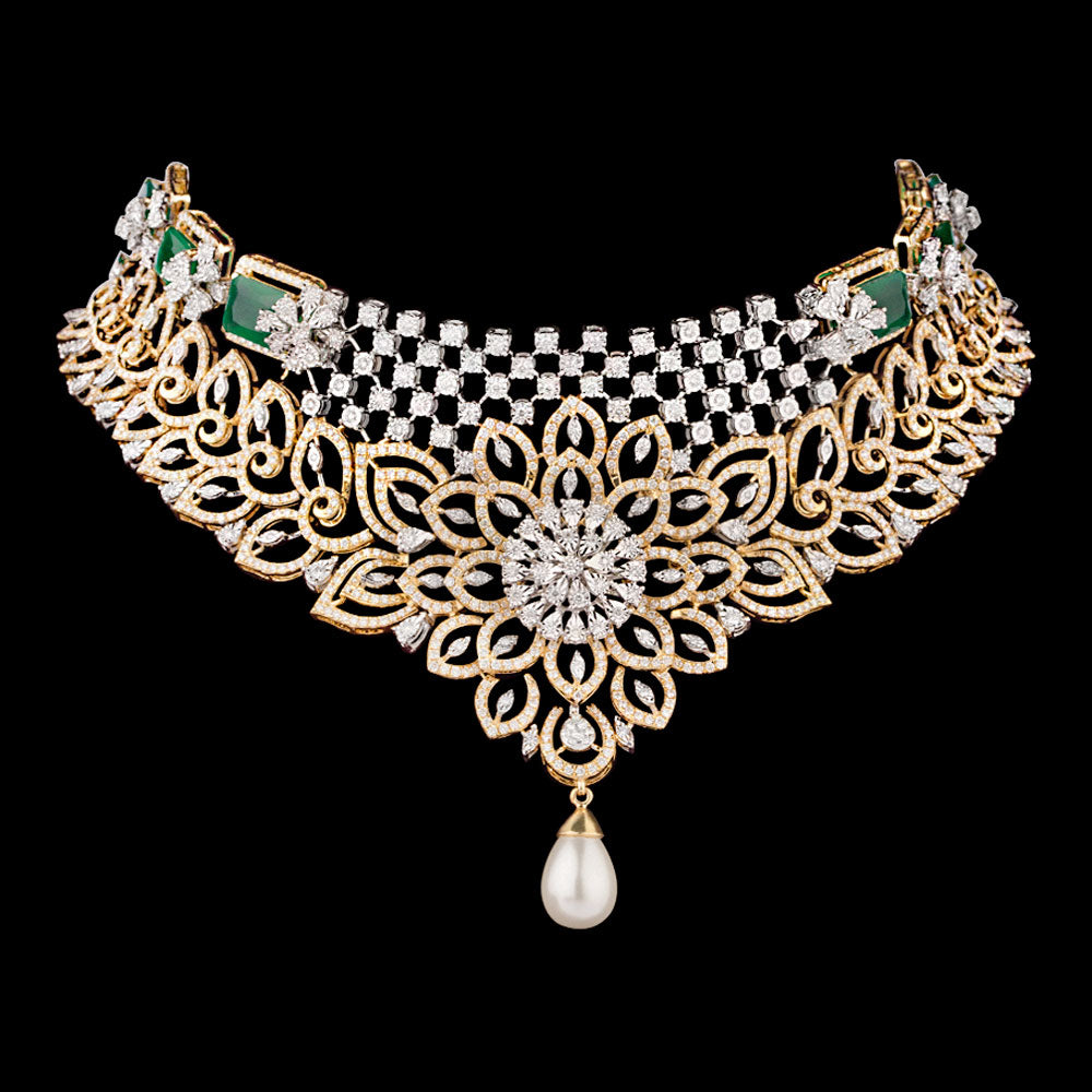 14K Two Tone Gold Diamond Necklace - 10.57ct VVS-VS-GH with Colour Stones