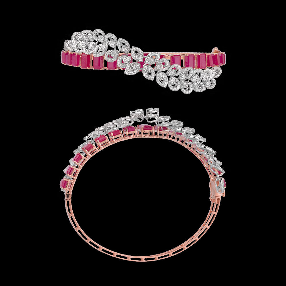14K Two Tone Gold Diamond Kada - 1.5ct VVS-VS-GH with Colour Stones