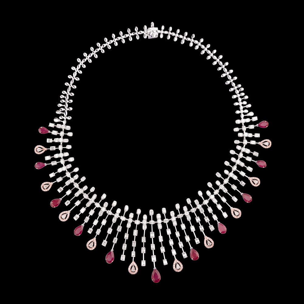18K Two Tone Gold Diamond Necklace - 18.767ct VVS-VS-EF with Colour Stones