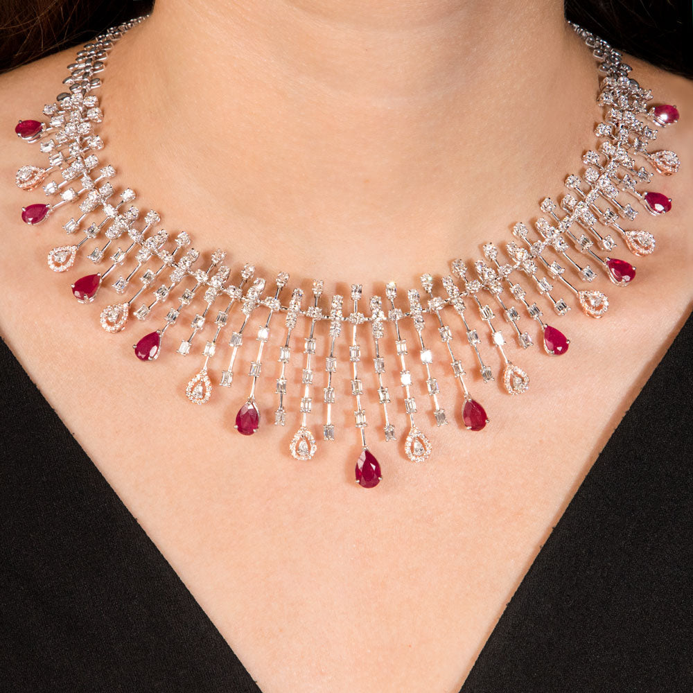 18K Two Tone Gold Diamond Necklace - 18.767ct VVS-VS-EF with Colour Stones