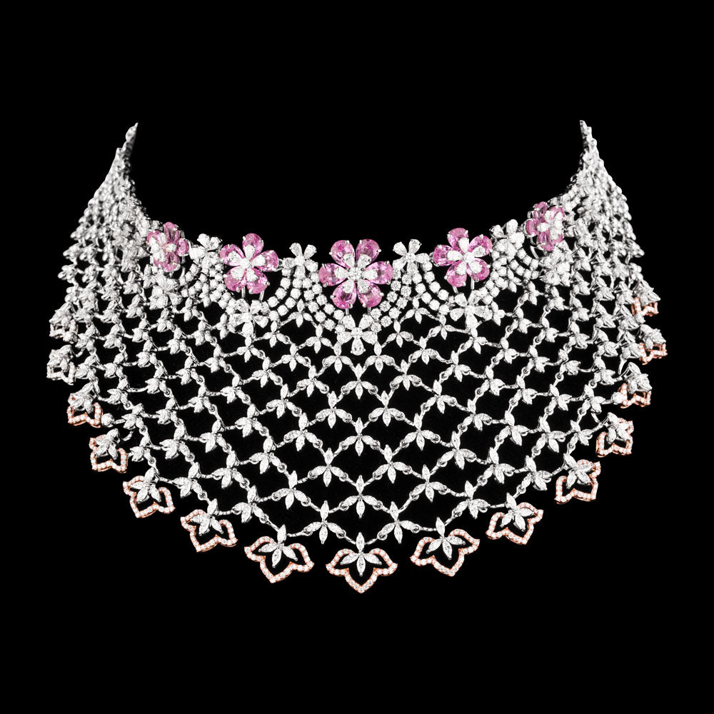 18K Two Tone Gold Diamond Necklace - 29.762ct VVS-FG with Colour Stones