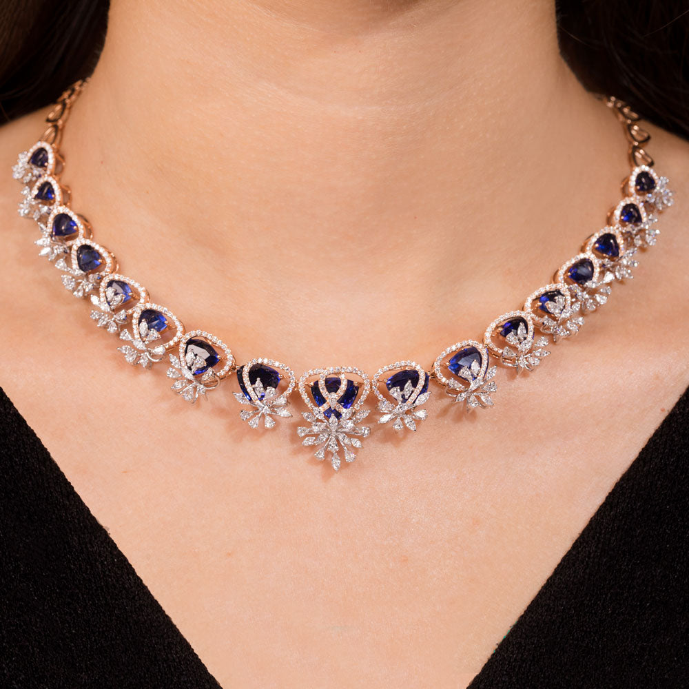 18K Two Tone Gold Diamond Necklace - 6.41ct VVS-EF with Colour Stones