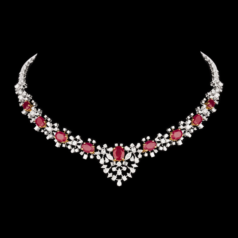 18K Two Tone Gold Diamond Necklace - 6.85ct VS-SI-EF with Colour Stones
