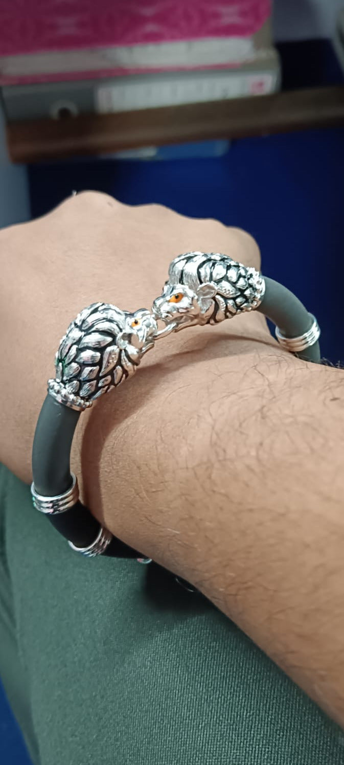 925 Sterling Silver Lion Face Premuim Leather Men's Bracelet
