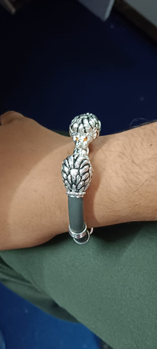 925 Sterling Silver Lion Face Premuim Leather Men's Bracelet