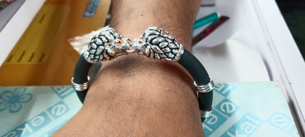 925 Sterling Silver Lion Face Premuim Leather Men's Bracelet