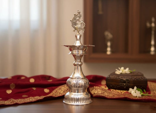 Elegant Silver Peacock Oil Lamp