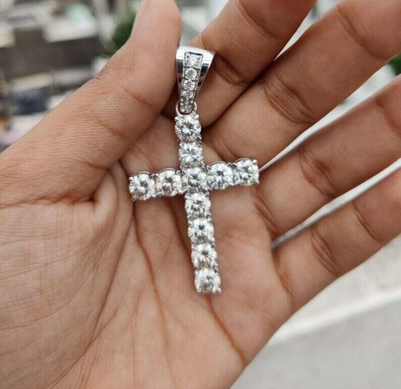2 Ct Round Cut Diamond 14K White Gold Finish Cross Jesus Pendant 925 Sterling Silver Christmas gift