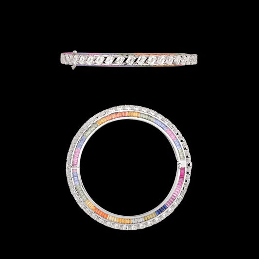 18K White Gold Diamond Bangle - 13.385ct VVS-VS-GH with Colour Stones