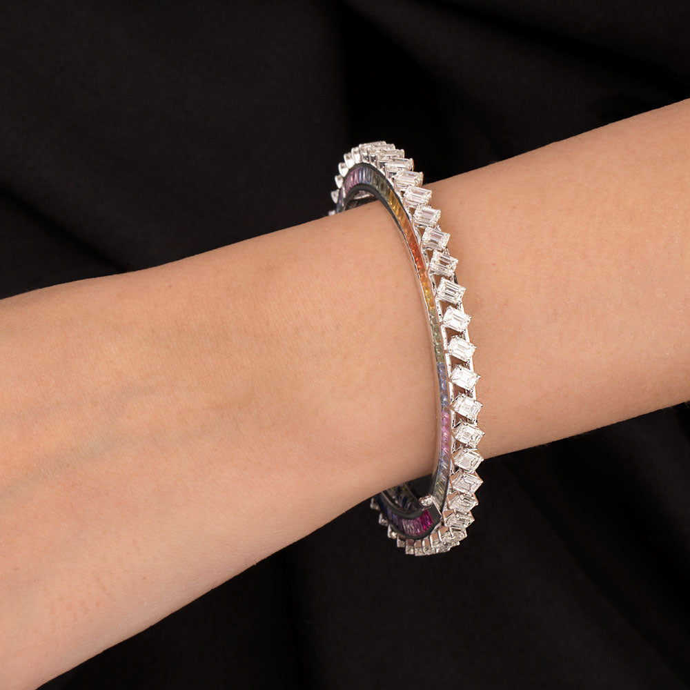 18K White Gold Diamond Bangle - 13.385ct VVS-VS-GH with Colour Stones