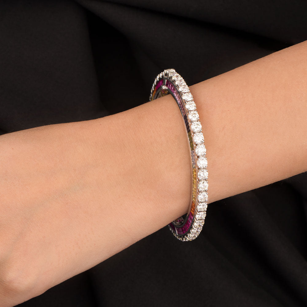 18K White Gold Diamond Bangle - 13.939ct VVS-VS-IJ with Colour Stones