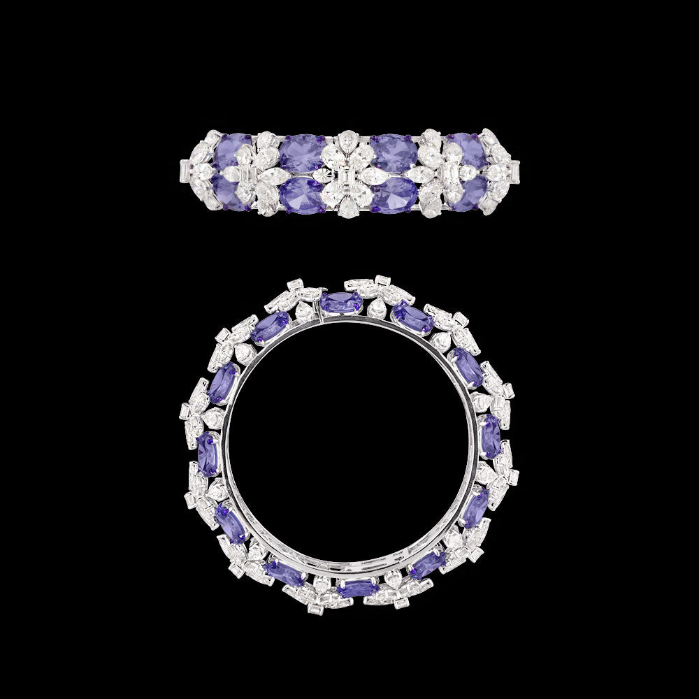 14K White Gold Diamond Bangle - 29.329ct VVS-VS-JK with Colour Stones