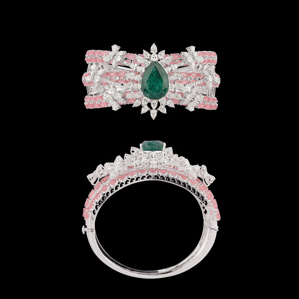 14K White Gold Diamond Kada - 10.273ct VS-SI-IJK with Colour Stones