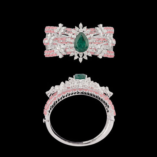 14K White Gold Diamond Kada - 10.273ct VS-SI-IJK with Colour Stones