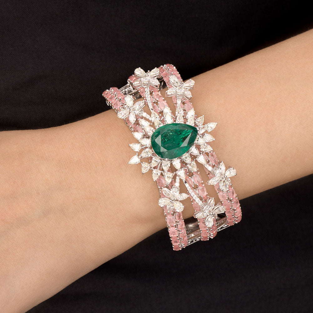 14K White Gold Diamond Kada - 10.273ct VS-SI-IJK with Colour Stones
