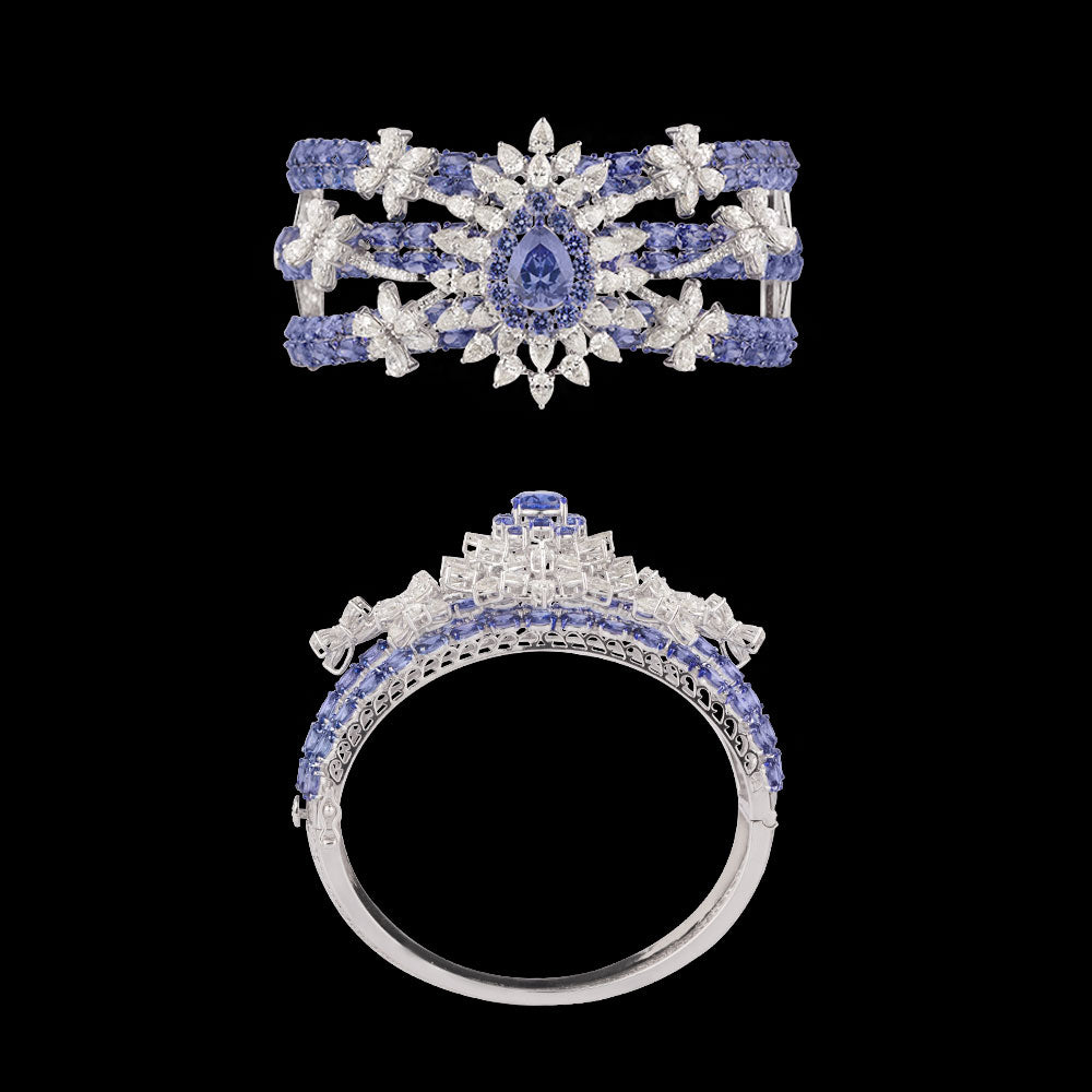 14K White Gold Diamond Kada - 10.15ct VS-SI-IJ with Colour Stones