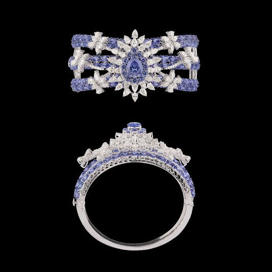 14K White Gold Diamond Kada - 10.15ct VS-SI-IJ with Colour Stones