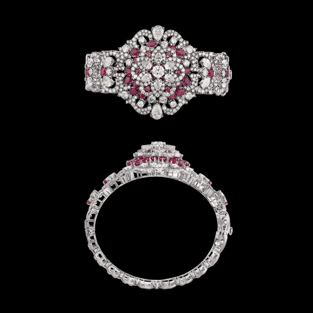 14K White Gold Diamond Kada - 12.824ct VVS-VS-JK with Colour Stones