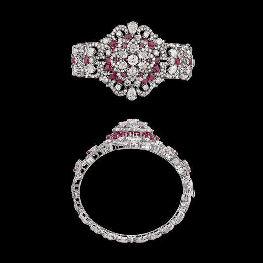 14K White Gold Diamond Kada - 12.824ct VVS-VS-JK with Colour Stones